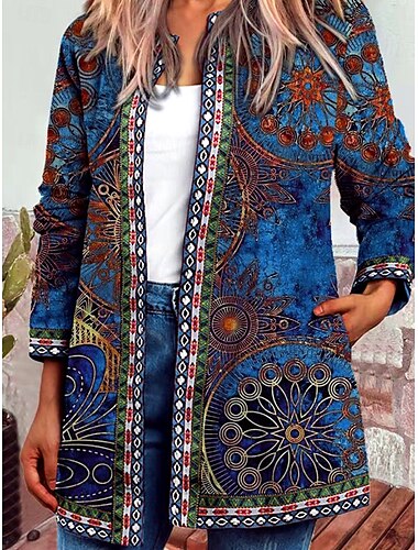  Damen Jacke Alltagskleidung Quadrathals Druck Blumen Lässig / Alltäglich Vintage Lässiger Schnitt Oberbekleidung Langarm Frühling Meeresblau S