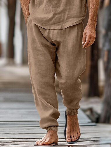  Homme Pantalon Jogger Pantalon en lin Pantalon pantalon été Cordon Taille elastique Plein Confort Respirable Extérieur du quotidien Sortie Mode Vêtement de rue Kaki foncé Blanche Micro-élastique