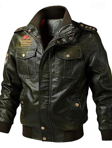  Voor heren Jas van imitatieleer Bomberjack Overgangsjack Bikerjack Vakantie Dagelijks Winddicht Houd Warm Zak Herfst winter Effen Modieus Klassiek Opstaand Normaal Imitatieleer Zwart Groen Koffie