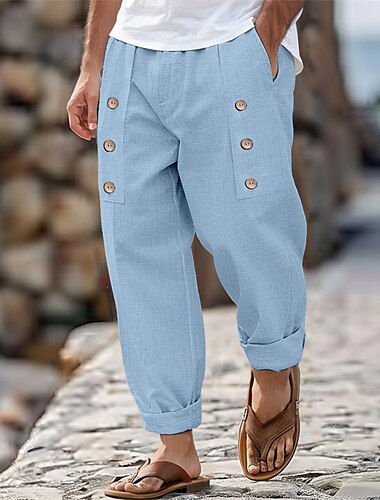  Herren Leinenhose Hose Hosen Sommerhosen Knopf Vordertasche Falten Glatt Komfort Atmungsaktiv In voller Länge Casual Täglich Festtage Modisch Basic Lockere Passform Schwarz Weiß