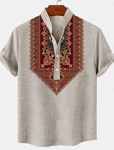  Per uomo camicia di lino Camicia Henley camicie retrò Camicia d'epoca Camicia etnica Etnico Da mare Da giorno Verde Cachi Grigio Manica corta Alla coreana Estate Primavera Abbigliamento Bottoni