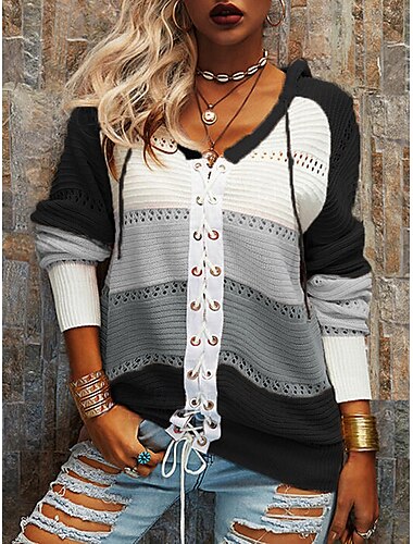  Damen Pullover Lässiger Pullover Brautkleider schlicht Weich Farbblock Rundhalsausschnitt mit Schnürung Mit Kapuze Langarm Normale Oberteile Stricken Outdoor Täglich Wochenende Schwarz Rosa Herbst