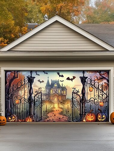  Halloween-Türdekorationen für draußen, Halloween-Garagentorabdeckung, Jack-o-Laternen-Banner, großer Wandteppich, Hintergrunddekoration für den Urlaub, Garagentor für draußen, Wanddekoration für