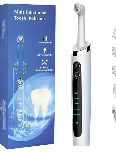  Elektrischer professioneller Zahnpolierer mit 5 Ersatzköpfen und 5 Reinigungsmodi, wasserdichtes Zahnpolierer-Set mit USB-Aufladung
