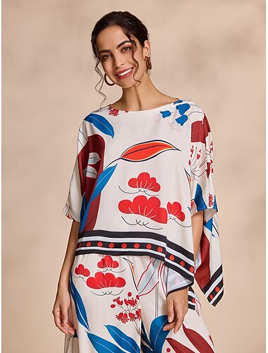  Mujer Floral Casual Casual Diario Manga magiar Albaricoque Dobladillo irregular De Gran Tamaño Estampado Manga 3/4 Elegante Diario Escote Barco Primavera & Otoño Otoño Temporadas Cruzadas