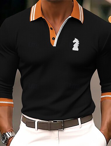  Herren Gestreift Waffel-Poloshirts Golfshirt Langarm Polo-Shirts Hemden mit Kragen Business-Casual Arbeitskleidung Formelle Kleidung Festivalkleidung Knöpfe 3D-Druck Frühling & Sommer Schwarz Blau
