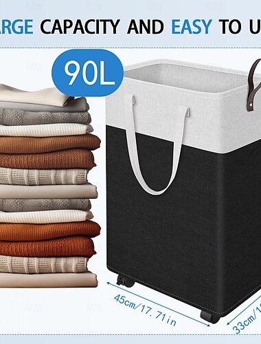  Wäschesammler mit Rädern und Deckel, 75/90l rollender Wäschekorb mit Griff, großer Wäschesammler für Schlafzimmer, Badezimmer, Wohnheim, Waschküche