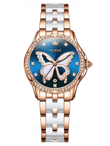  olevs 5610 naisten kellot elegantti muoti tekojalokivikehys keraaminen rannekello rannekello vedenpitävä valaiseva automaattikello