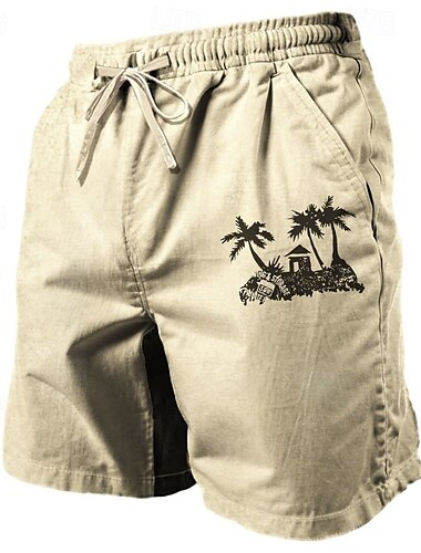  coconut tree herrshorts i bomullslinne sommarshorts, hawaiiska shorts strandshorts med dragsko elastisk midja andas mjuka 20 % linneshorts avslappnade dagliga semester streetwear
