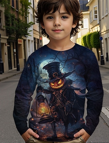  男の子 3D グラフィック カートゥン カボチャ Tシャツ Ｔシャツ 長袖 春 秋 ファッション ベーシック 子供 4〜12年 クルーネック アウトドア カジュアル 日常 レギュラー