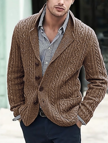  Men's Cropped  Sweater Cardigan Sweater Knit Sweater Ribbed Knit Regular Button Up Side Pockets Solid Color Lapel Fashion Classic Daily Wear Date Clothing Apparel Fall & Winter Black Blue M L XL