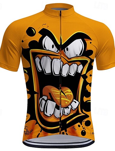  男性用 サイクリングジャージー 半袖 バイク Tシャツ トップス 3つのリアポケット付き マウンテンサイクリング ロードバイク 速乾性 フロントファスナー ウィッキング イエロー ブルー パープル カートゥン スパンデックス スポーツ 衣類