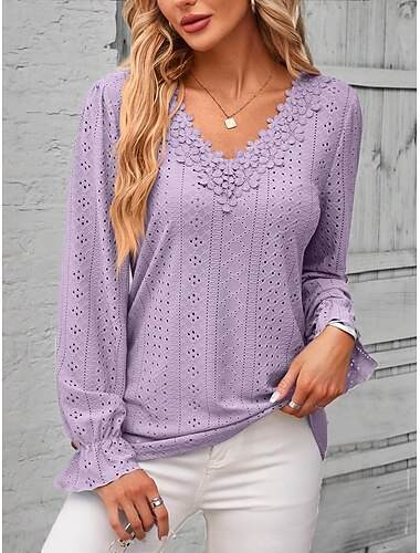 Damen Elegante Spitze Tops Eyelet Bluse Einfarbige Spitze Eyelet Flatterärmel Langarm Reguläre Tops V-Ausschnitt Alltag Romantische Petite Tops Sommer Urlaubsbekleidung Rosa Blau Lila Grün Frühling