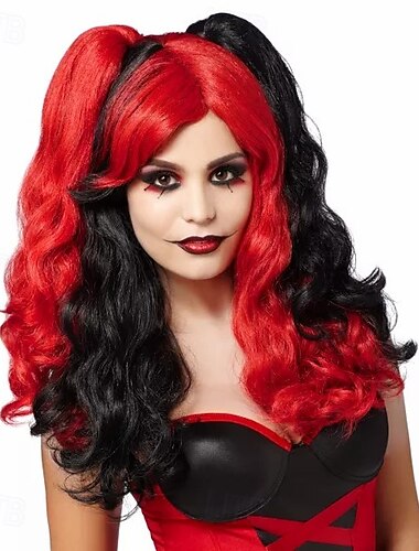  Peluca de bufón roja y negra para fiesta de cosplay de Halloween
