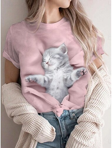  Damen T-Shirt Casual Print Kurzarm Normal Oberteile Alltag Rosa Sommer