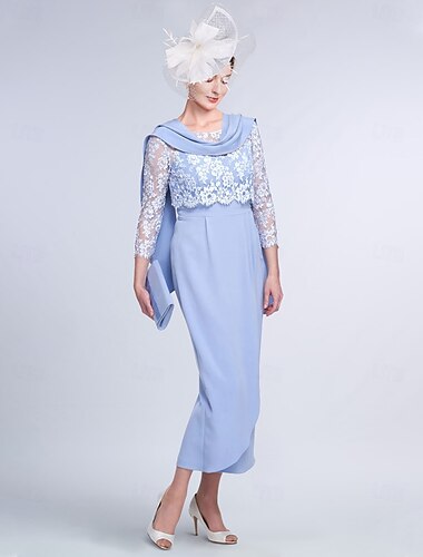  Ensemble de Robe Fourreau Mère de la Mariée Élégante Col Bijou Longueur Thé Dentelle Tissu Élastique Manches 3/4 Veste Incluse Robes avec Bloc de Couleurs en Dentelle 2025 taille sur mesure gratuite