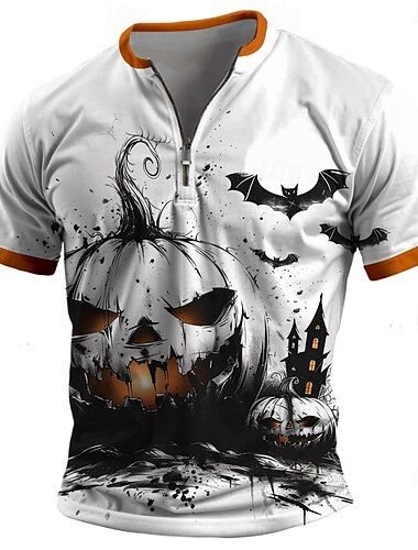  Kürbis Retro Vintage Herren 3D-Druck T Shirt Strasse Casual Täglich Halloween T-Shirt Weiß Kurzarm Troyer Halber Reißverschluss Hemd Sommer Frühling Bekleidung S M L XL XXL XXXL
