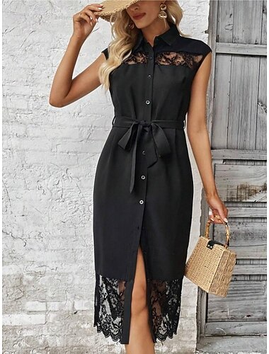  Damen Midikleid schwarzes kleid Cocktailkleid Abendkleid Einfarbiges Kleid Lässig Straße Date Normale Passform Einfach Ärmellos Hemdkragen Schwarz Sommer Frühling
