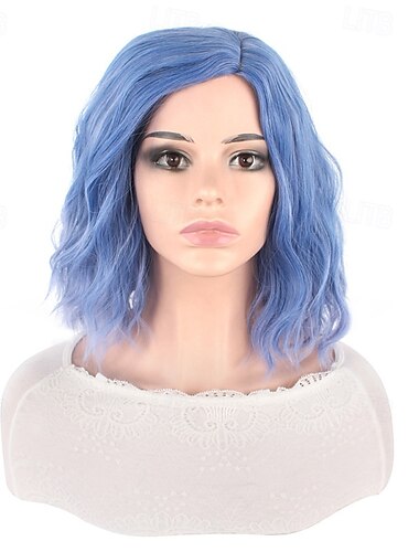  Kurze synthetische Perücken für Frauen, hitzebeständig, lockiges Haar, Mittelteil, Regenbogen, mehrfarbig, orange-blau, Ombre-Perücke
