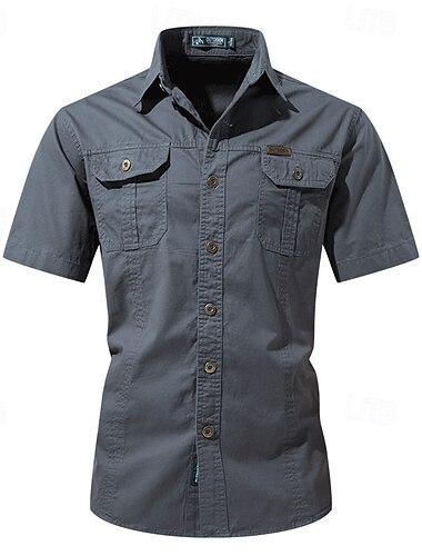  Homens Camisa Social Camisas de trabalho Camisa casual camisa de botão Preto Azul Caqui Verde Tropa Cinzento Manga Curta Tecido Lapela Férias Feriado Bolsos Roupa Poliéster Moda Casual Confortável