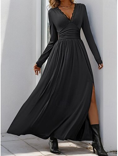  robe noire Robe unie Femme Robe Maxi Dentelle Ruché Plein Air Rendez-vous Décontractées Col V manche longue Ample Noir Rouge Bleu S M L XL