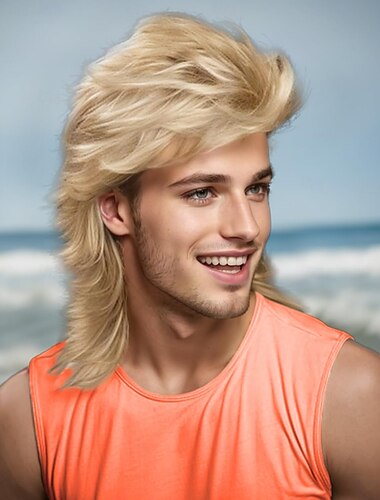  Τεχνητές Περούκες Για Άνδρες στολή Joe Dirt 80s αστείες περούκες ανθεκτικές στη θερμότητα συνθετική ροκ περούκα για πάρτι κοστουμιών 70s ανδρών καναβάλι ή διασκεδαστικές περούκες Χάλογουιν