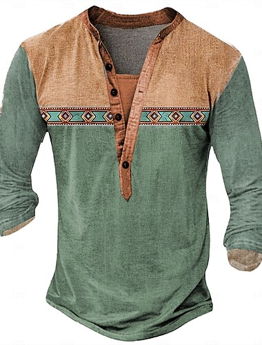  Herren Stammes T Shirt Henley Hemd Langarm 3D-Druck Designer Retro Vintage Straße Lässig Täglich Sommer Frühling Herbst Wasserblau Marineblau Braun Grün Grau Henley Henley T-Shirt