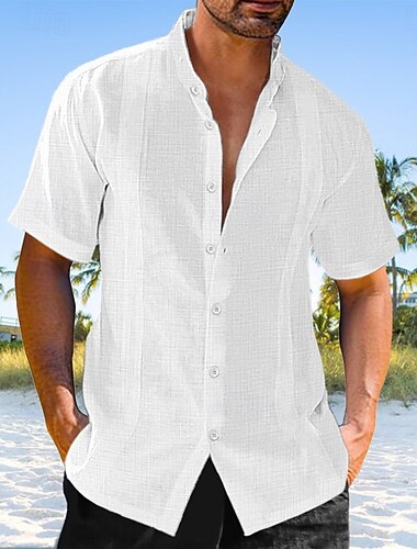  Men's Linen Shirt Guayabera Shirt Band Collar Shirt Summer Shirt Beach Wear Casual Shirt Plain Vacation Curise Black White Blue Green Short Sleeve Stand Collar Summer Clothing Apparel