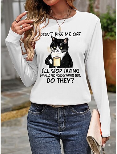  Damen T Shirt Katze Buchstabe Brautkleider schlicht Langarm Rundhalsausschnitt Normale Oberteile Täglich Wochenende Bedruckt Weiß Blau Beige Herbst Winter