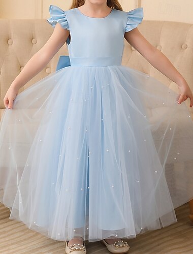  Kids Girls' Flower Girl Dress Party Dress Solid Color Sleeveless Wedding Party Special Occasion Backless Zipper Tie Knot Adorable Sweet Polyester Maxi Party Dress Summer Spring Fall 4-13 Years White