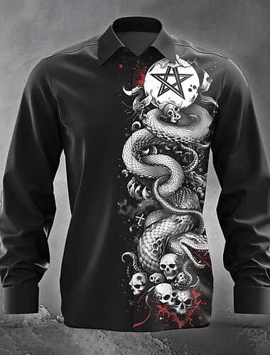  Teschi Serpente Orrore Per uomo Camicia con bottoni Manica lunga Da sera Autunno Inverno Primavera estate Colletto Stampa 3D Sottile Nero Poliestere