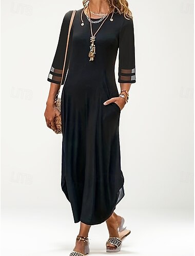  robe noire Robe casual robe ceremonie Femme Robe Maxi Maille Patchwork Plein Air Vacances basique Décontractées Col Ras du Cou Manche Courte Standard Noir S M L XL