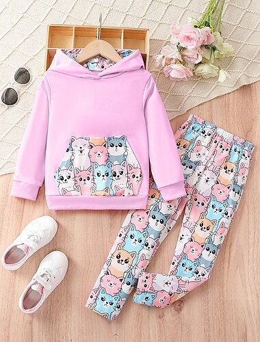  Mädchen 3D Karikatur Katze Sport-Outfit Hoodie-Set Trainingsanzüge Langarm Frühling Herbst Täglich Brautkleider schlicht Komfort kinderkleidung 4 Jahre + Mit Kapuze Outdoor Urlaub Sport Reguläre