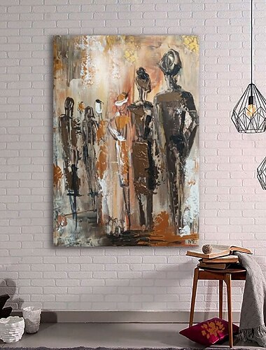  abstrakte figurative Leinwandgemälde handgefertigte Beigefarben expressionistische Kunst Ölgemälde handgefertigte Menschenmalerei romantische Kunst Beige mit Menschen an der Wand Gemälde für