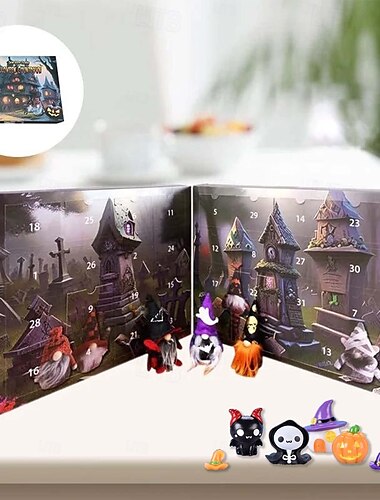  Adventskalender für Halloween-Zwerge 2024, Countdown-Kalender für Halloween 2024, Dekoration für Erwachsene und Kinder, Feiertags-, Halloween- und Weihnachtsgeschenke (3 Zwergenpuppen + 28 Minifiguren aus Kunstharz pro Box)