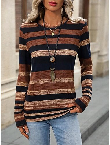  dames t-shirt casual print lange mouw normale tops ronde hals dagelijks bruin lente herfst