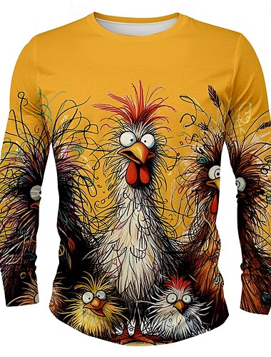  Homme Poussin Marrant T shirt manche longue T-shirt 3D effet Col Ras du Cou Chemise Design Rétro Vintage Plein Air Casual du quotidien Noir Blanche Jaune Eté Printemps Automne Vêtement Tenue S M L XL
