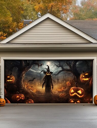  Halloween-Türdekorationen für draußen, Halloween-Garagentorabdeckung, Jack-o-Laternen-Banner, großer Wandteppich, Hintergrund, Vogelscheuche-Dekoration für den Urlaub, Garagentor für draußen,