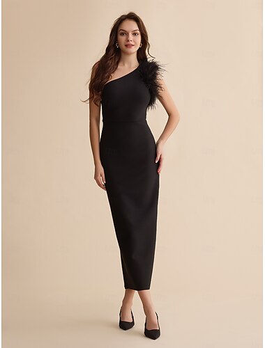  schwarzes modisches One-Shoulder-Maxikleid aus Polyester mit Federn für Party-/Hochzeitsgäste, beeindruckendes Kleid 2024