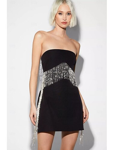  Robe de cocktail fourreau à paillettes, robe de soirée, robe de retour, tenue de fête de carnaval, courte / mini, sans manches, sans bretelles, en spandex avec pompon pailleté, pour impressionner 2025