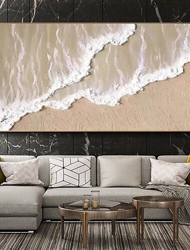  Pinturas al óleo gruesas hechas a mano sobre lienzo con olas del océano, imagen en tonos tierra, pintura marrón, arte de pared texturizado, arte de pared para sofá, sin marco
