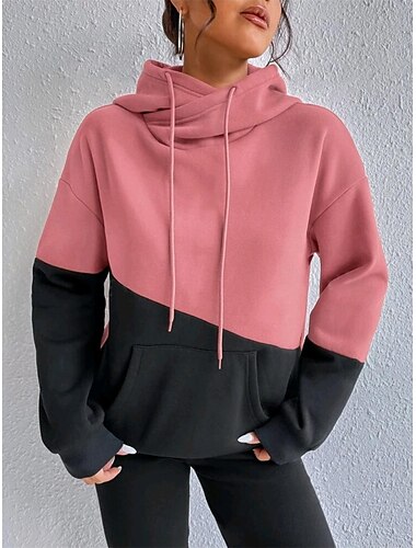  Sudadera con capucha para mujer, informal, con bloques de color, para uso diario, con parches, bolsillo, manga larga, rosa, azul, marrón, verde, otoño e invierno
