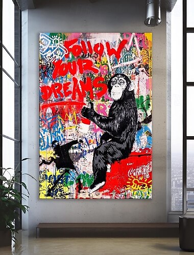  100 % großes Gemälde, handgemalt, Graffiti-Kunst, Pop-Art-Gemälde, Wanddekoration, Fred Feuerstein, Pop-Art-Ölgemälde für Wohnzimmer, Büro, Wandkunst, Cartoon-Gemälde
