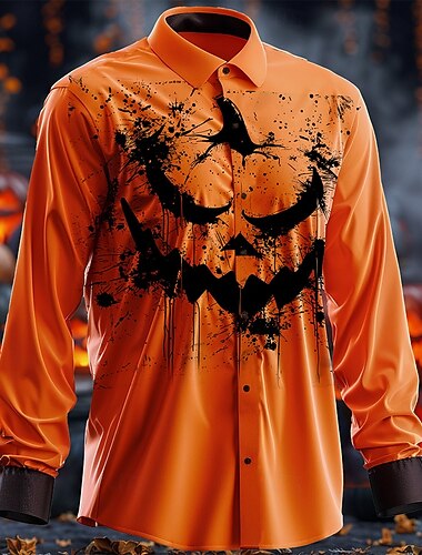  Halloween Smorfia Scuro Per uomo Camicia con bottoni Manica lunga Da sera Autunno Inverno Primavera estate Colletto Stampa 3D Sottile Arancione Raso