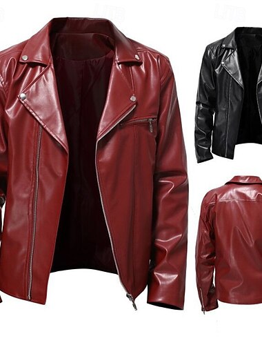  Voor heren Jas van imitatieleer Overgangsjack Bikerjack Lakleren jack Vakantie Dagelijks Winddicht Houd Warm Zak Herfst winter Effen Modieus Klassiek Revers Normaal Imitatieleer PY01-Zwart PY01-Rood