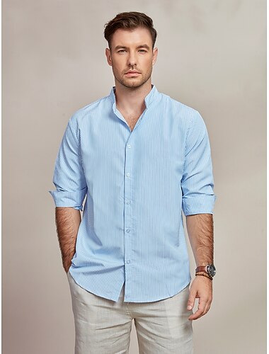  Homme Chemise Chemise à col officier Chemisette Chemise d'été Tenues de plage Chemise boutonnée Chemise décontractée Bleu manche longue Rayé Mao Hawaïen Vacances Imprimer Vêtement Tenue Mélange de