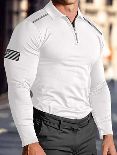  Homens Camisa de golfe Camisa pólo com bandeira americana Trabalho Roupa Diária Quarter Zip Manga Longa Moda Confortável Bandeiras Bordado Zip Up Primavera & Outono Normal Preto Branco Azul Marinha