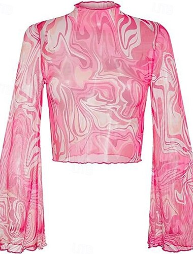  1970s Outfits for Women Bell Sleeve Tops Disco Outfit Floral Mock Neck Mesh Top