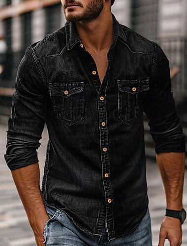  Herr Skjorta Chambray skjorta Calico skjorta Knapp upp skjorta Casual skjorta Jeansskjorta Denim blå Svart Mörk marin Blå Långärmad Slät Krage Dagligen Semester Kläder Bomull Mode Ledigt
