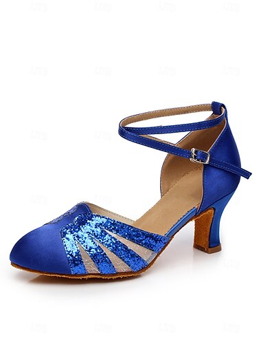  Damen-Tanzschuhe aus blauem Glitzersatin mit Kreuzriemen und Mesh-Design, bequemer Absatz für lateinamerikanischen und Gesellschaftstanz